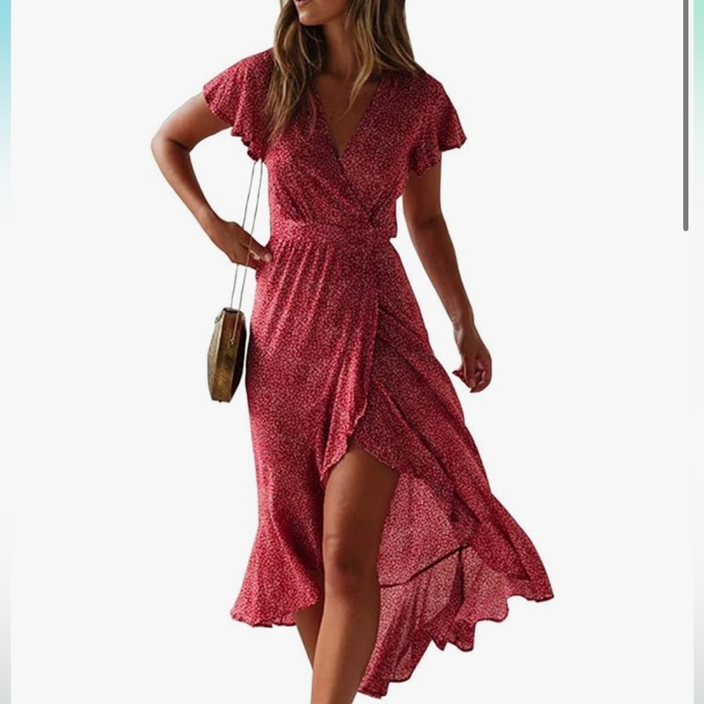 Women’s bohemian red floral wrap maxi dress size L
